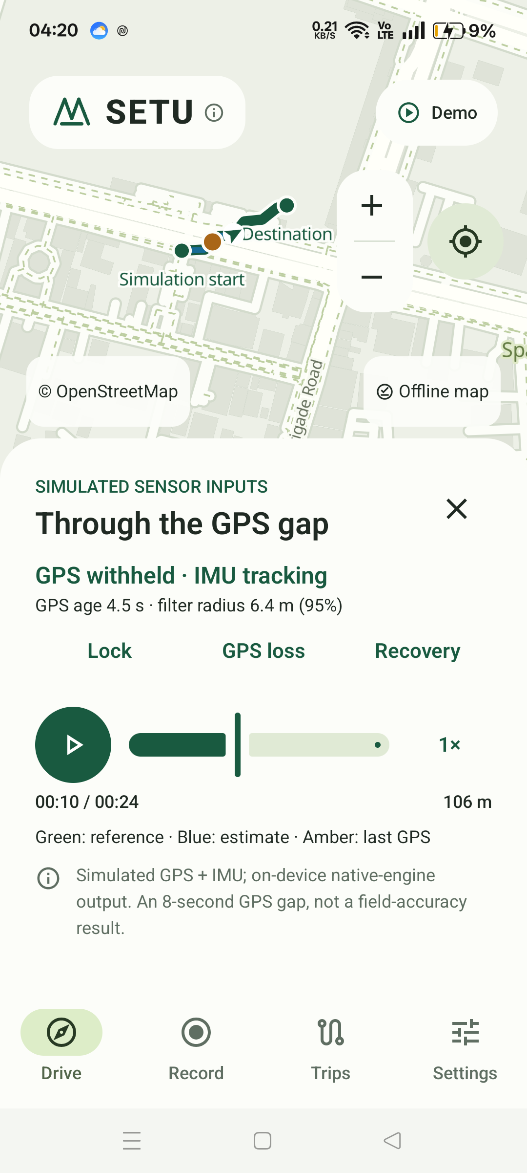 An earlier SETU Android build showing a green reference route, a blue sensor estimate and a simulated GPS outage.